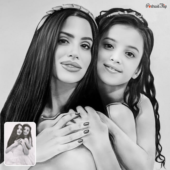A black and white picture of a woman and a young girl on her back that is made into charcoal vintage portraits
